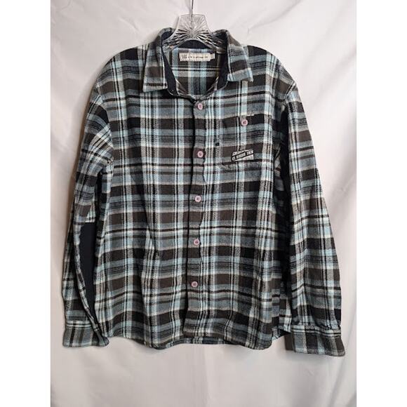 US VERSUS THEM: Men's black blue  plaid flannel L- work shirt warm soft - Picture 1 of 10